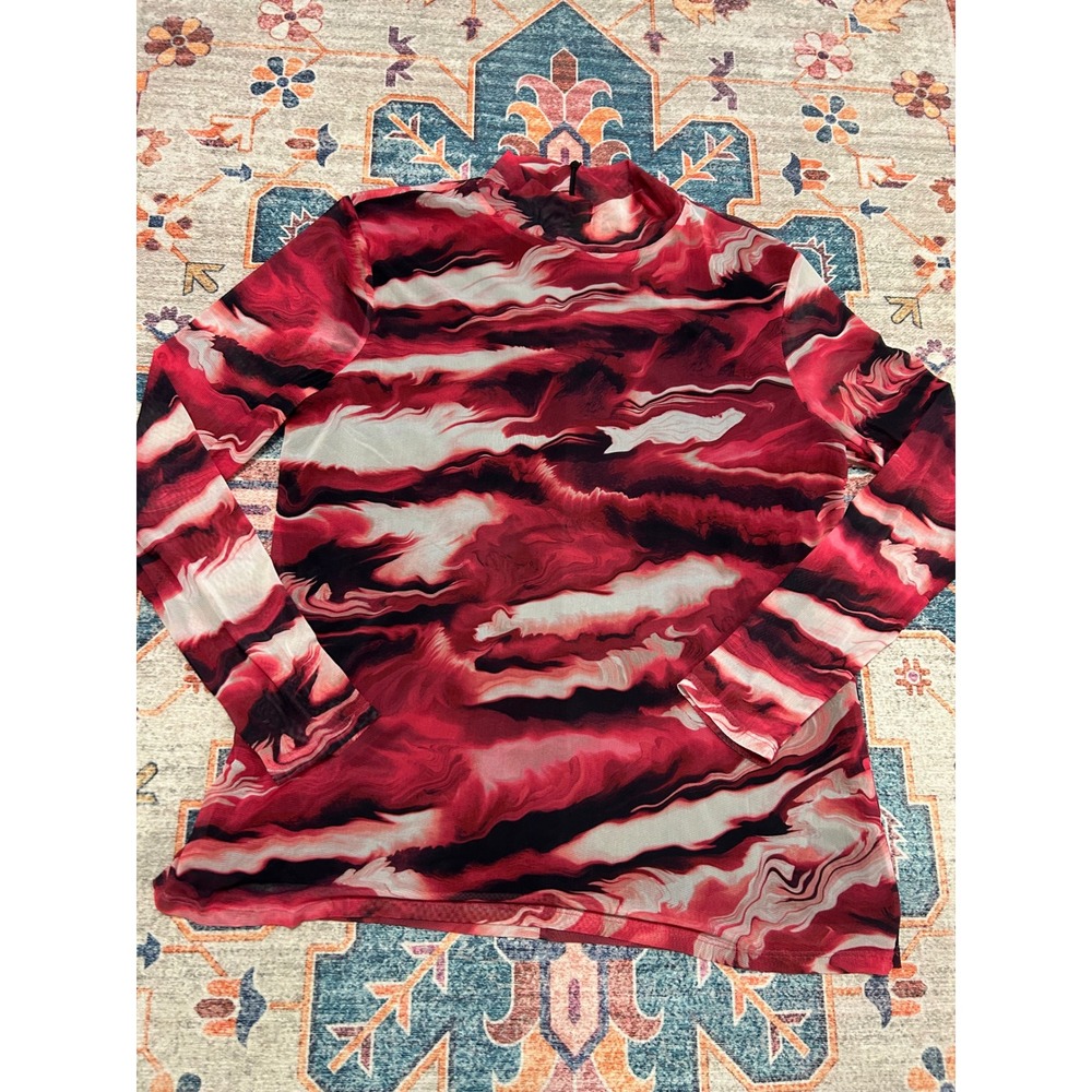 Anne Klein XL longsleeve mesh sheer long sleeve mock neck red black Stretch - Picture 11 of 11